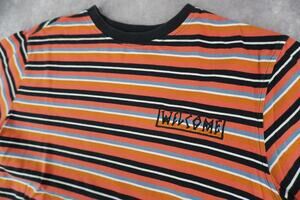 Welcome Skateboards Striped T Shirt Medium Embroidered Logo Retro Skate Tee